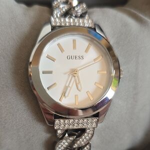 NWOT GUESS Women's Silver Watch with Crystal Chain